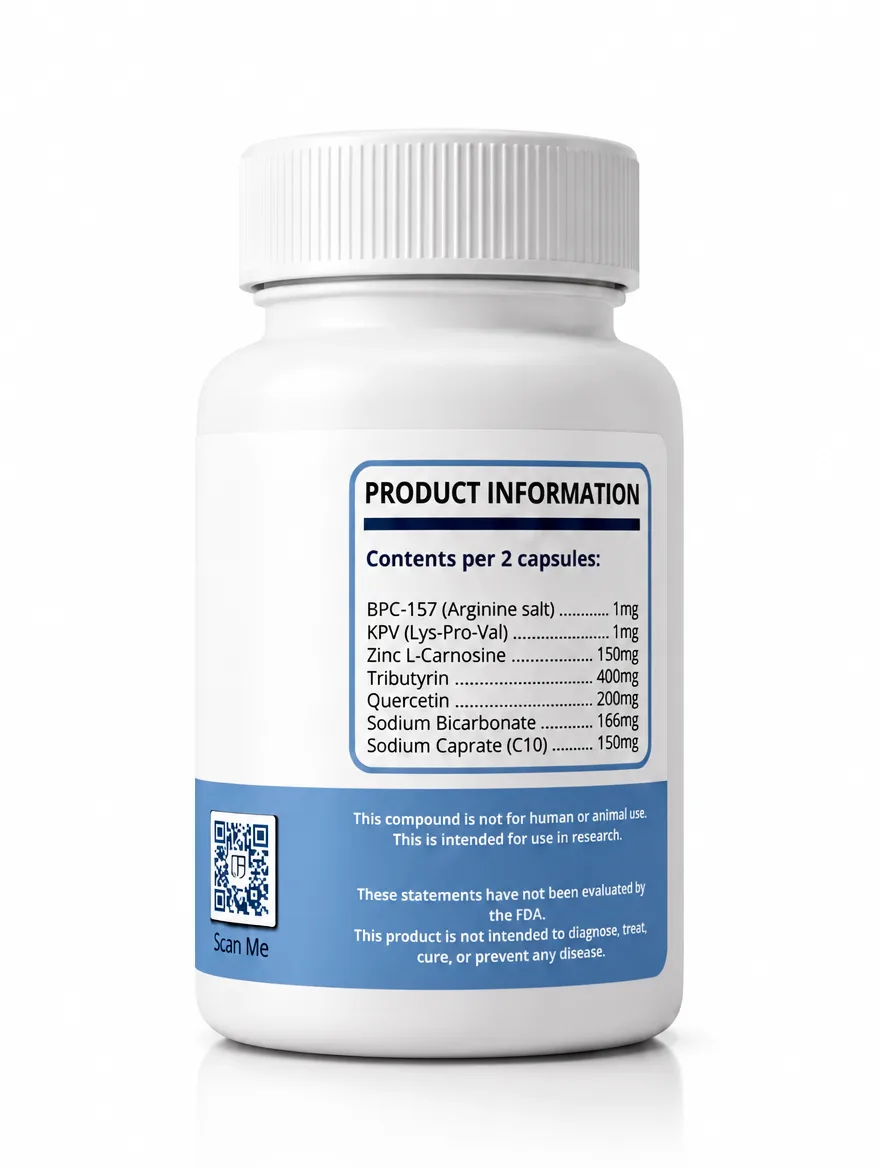 Trusted Peptides BPC+KPV Complex (534MG/Capsule) — supplement facts on back of bottle
