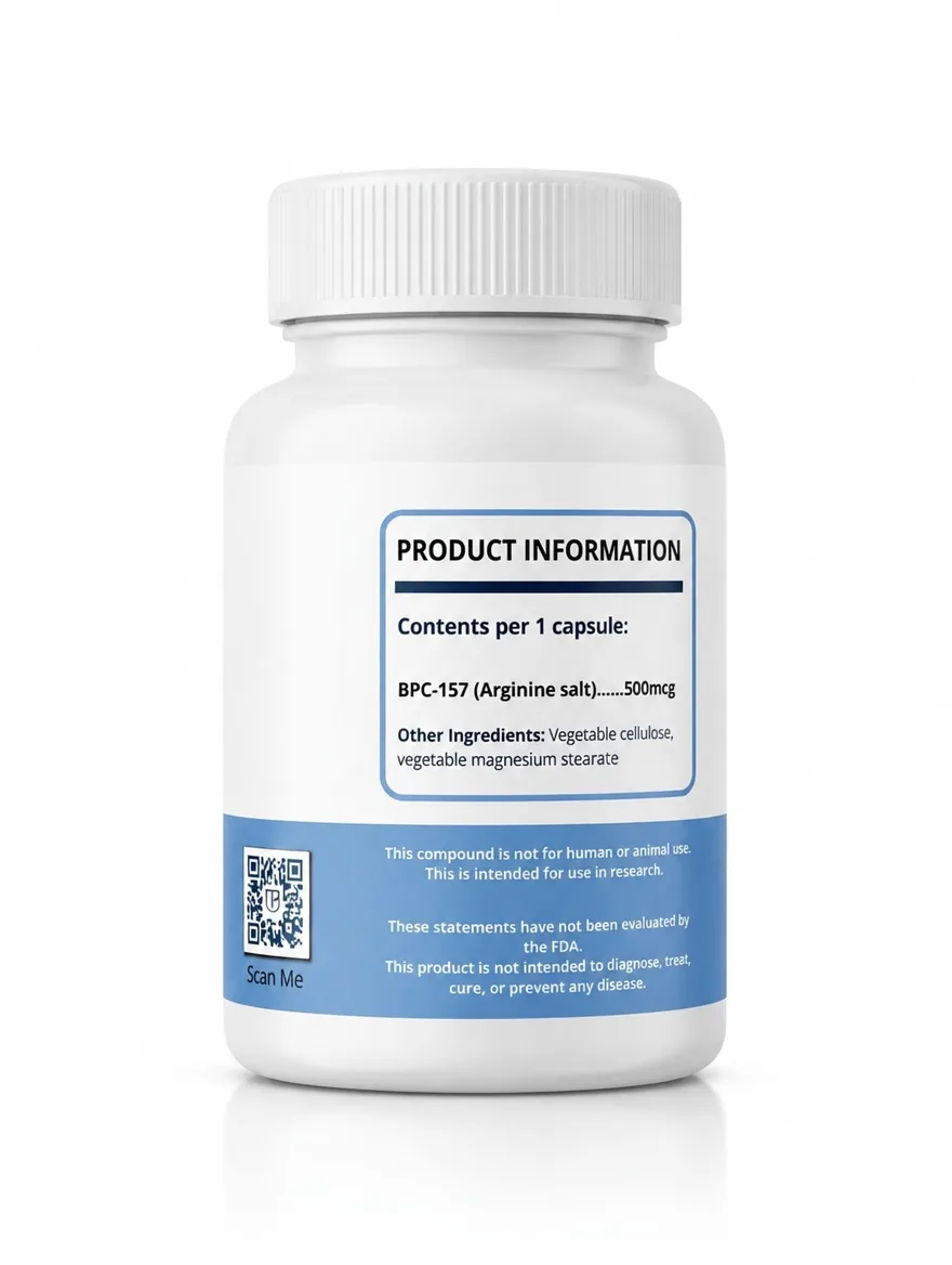 Trusted Peptides BPC-157 (500 MCG/Capsule) — supplement facts on back of bottle