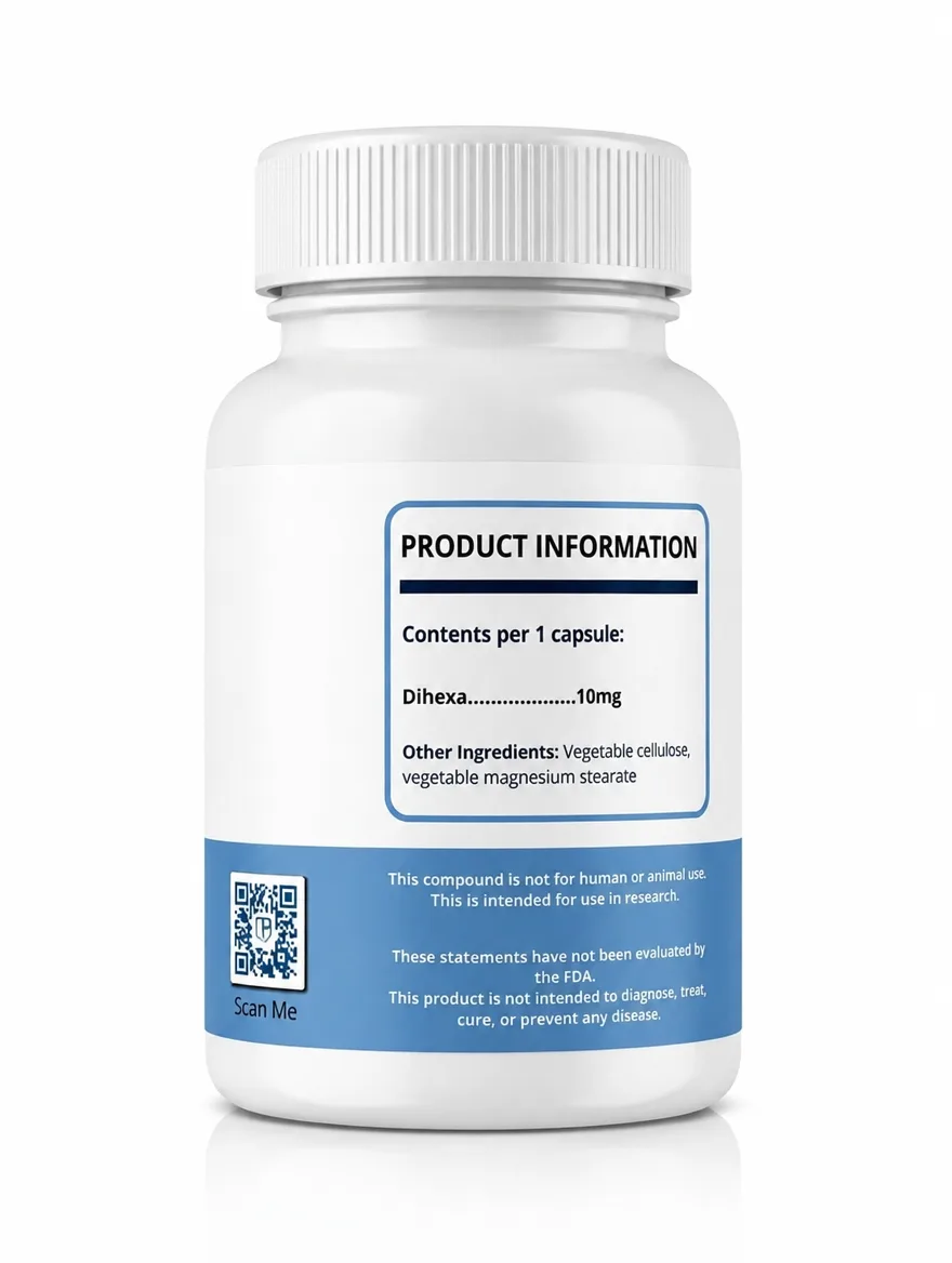 Trusted Peptides Dihexa (10MG/Capsule) — supplement facts on back of bottle