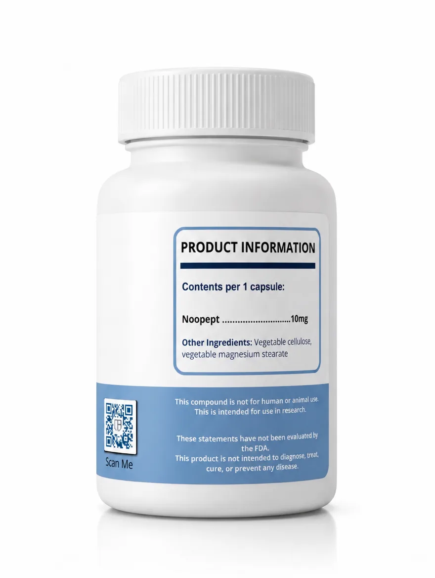 Trusted Peptides Noopept (10MG/Capsule) — supplement facts on back of bottle